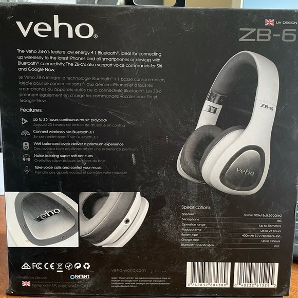Brand new never opened VEHO ZB-6 wireless headphones - White - Picture 3 of 4